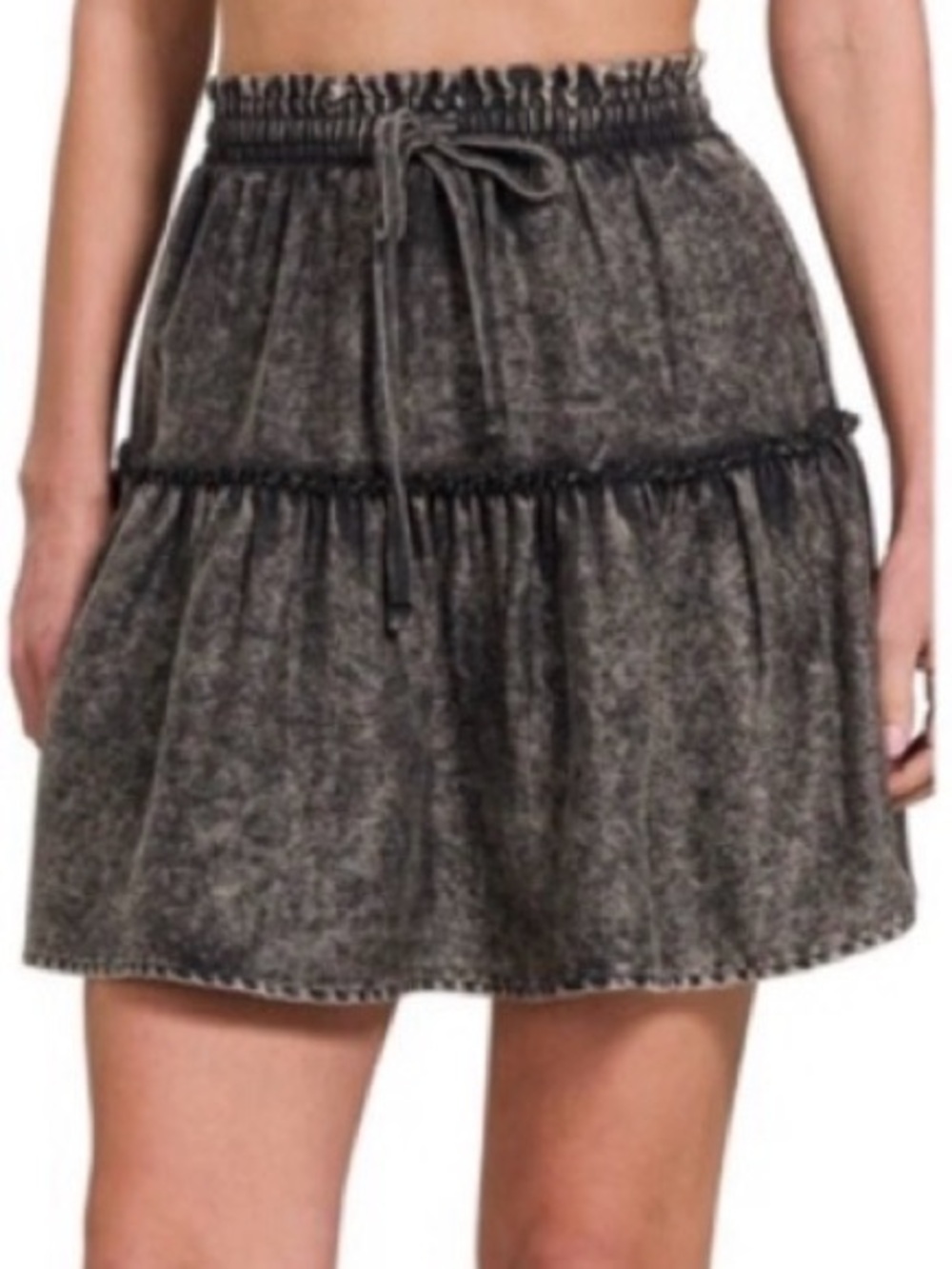 Zenana Washed Black Tiered Drawstring Skirt